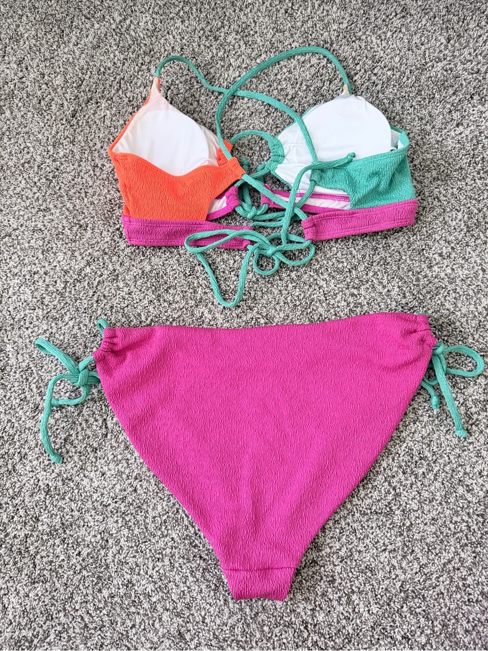 Colorblock Pink, Teal & Orange Lace-Up Bikini Set - Picture 2 of 4